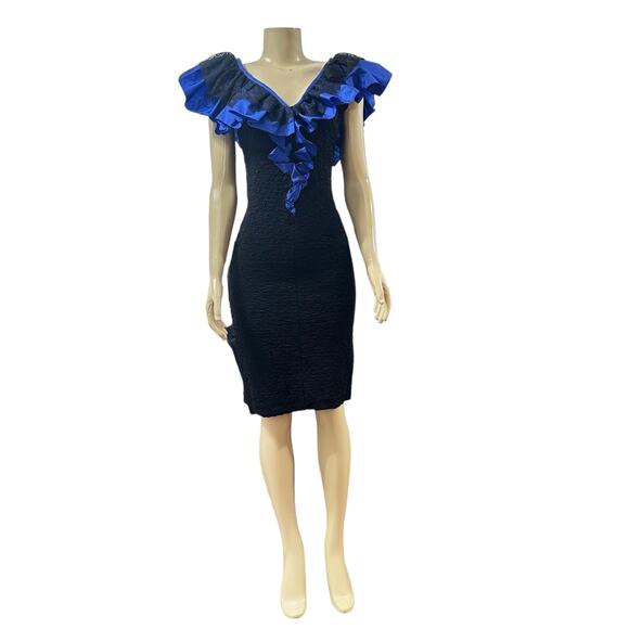 Vintage 80s Glam Cocktail Prom Dress Womens Small Black Blue Short Bow Ruffle - Picture 2 of 12